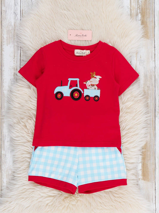 Little Tractor Helper Embroidered Plaid Outfit: S(2yrs)