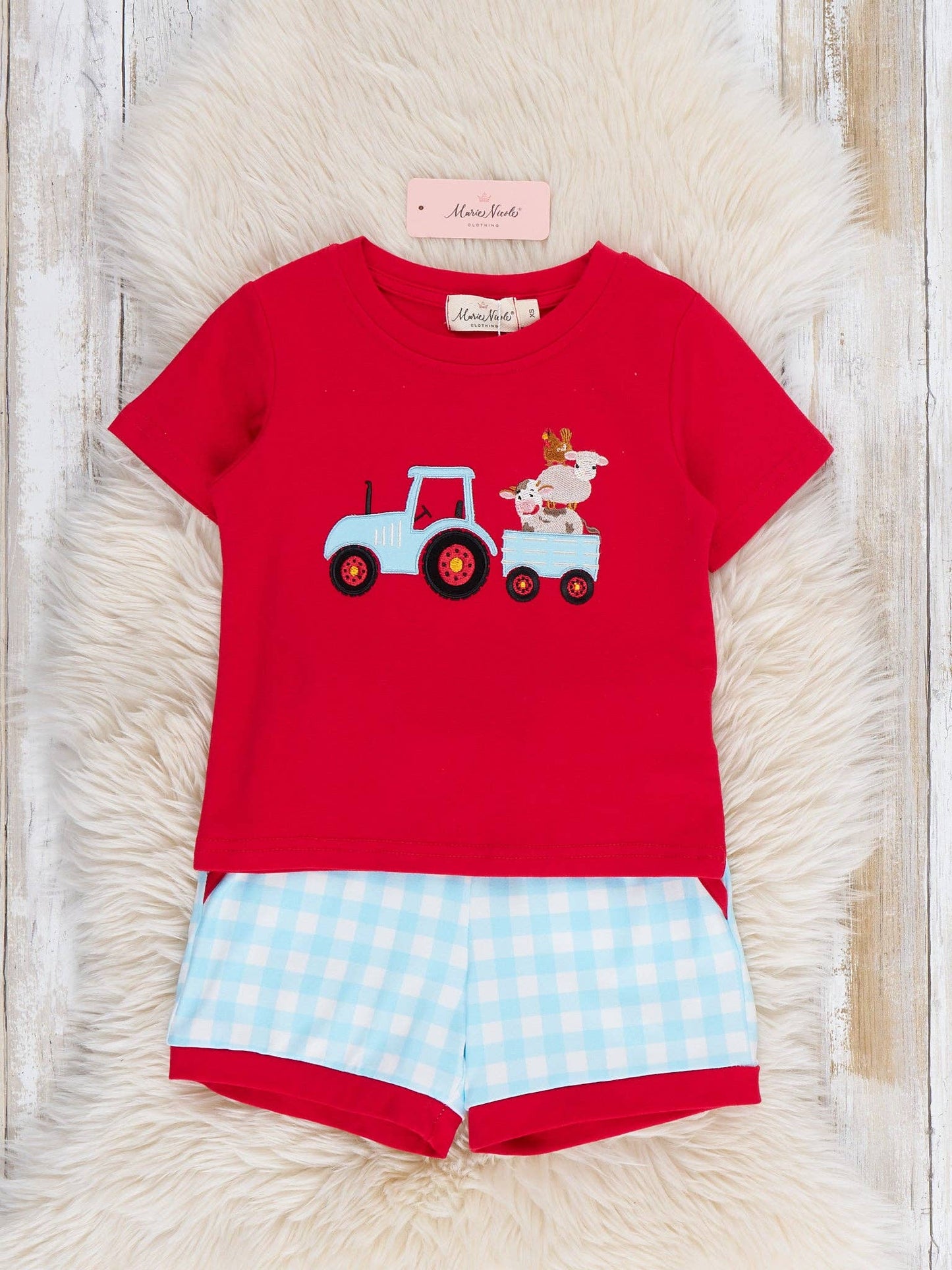 Little Tractor Helper Embroidered Plaid Outfit: XL(5yrs)