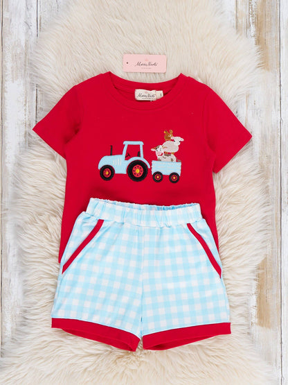 Little Tractor Helper Embroidered Plaid Outfit: XL(5yrs)