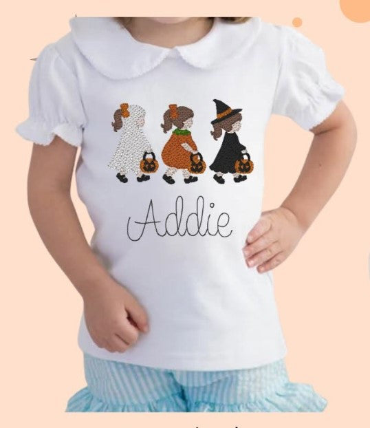 Girls Short Sleeve Peter Pan Collar Shirt - with Halloween Girls